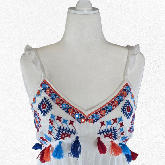 AREA Stars White Embroidered Handkerchief Tassel Boho Hi Low Dress Size Medium - Picture 2 of 13